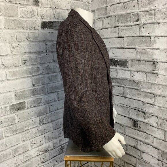 Vintage 90s Harris Tweed Blazer Brown Herringbone Wool Two Button Sport Coat - Picture 3 of 15